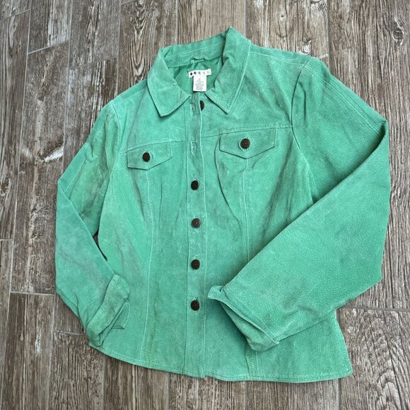 Vintage Green Suede Jacket M Fits Preppy Button Up Classic Boxy Casual  Boho - Picture 3 of 6